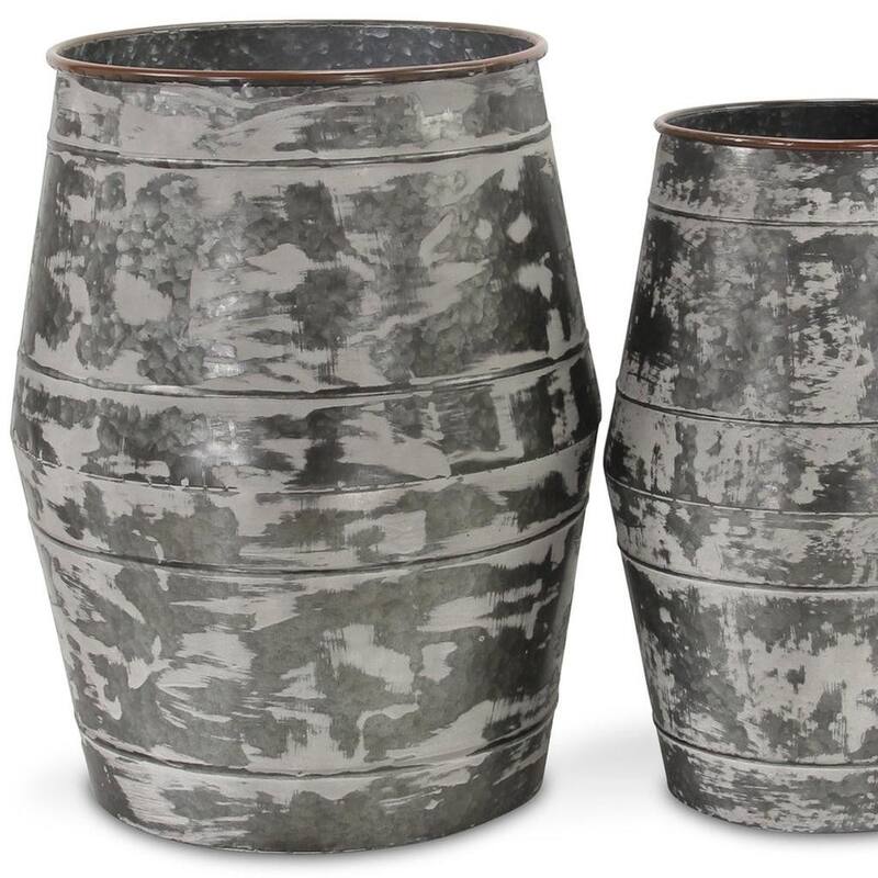 Set of Two Gray Galvanized Metal Cylinder Floor Vases - 17.25