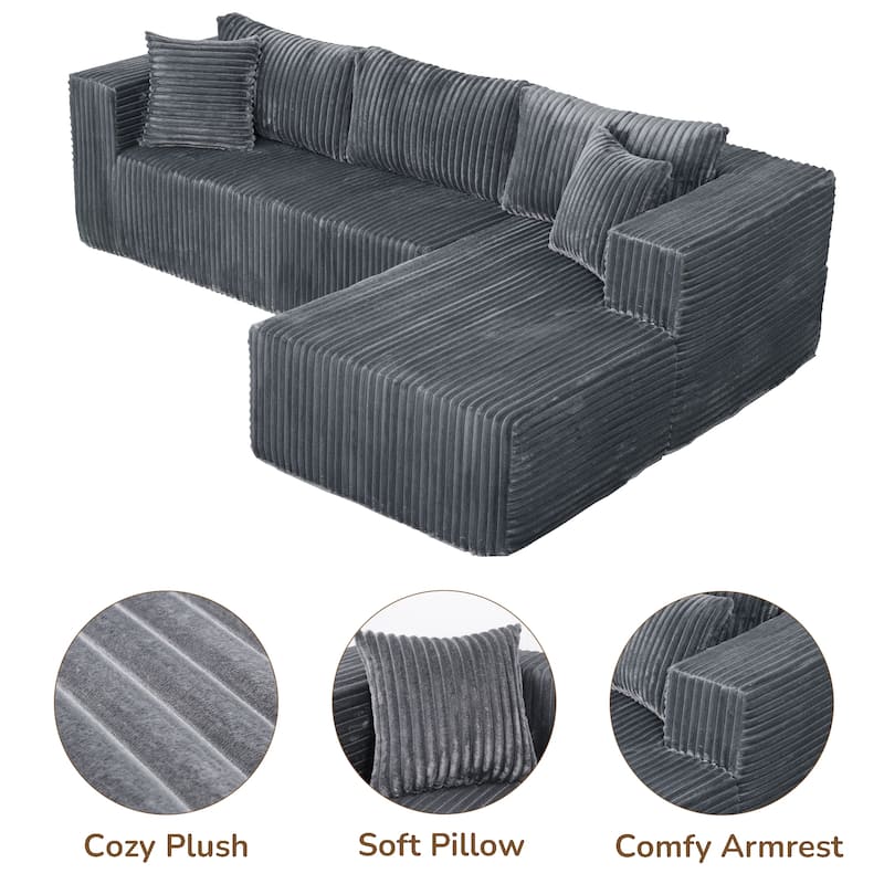 105" L-Shaped Gray Sofa, Foam, 6 Pillows, Vacuum-Packed, Space-Saving (Left Chaise)