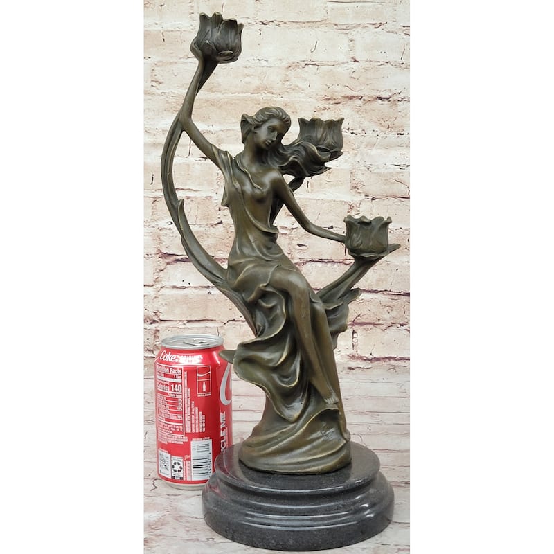 Art Nouveau Candle Holder Candelabra Female Figure Bronze Sculpture By Kin