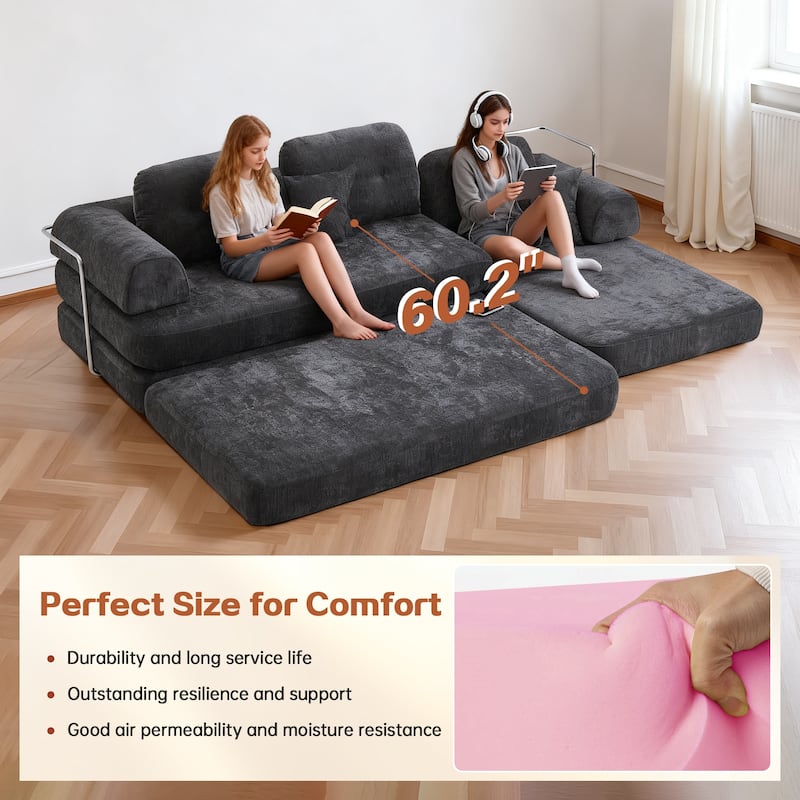 Modular Sectional Sofa with L-Shape Chaise Lounge, Comfy Chenille Boneless Couches, High-Responsive Memory Foam Compressed Sofa