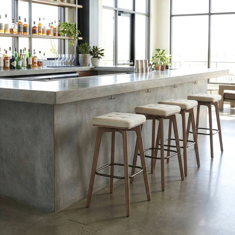 Set of 2 Beckham Beige Linen Fabric Backless Bar Stool with Natural Wood Legs