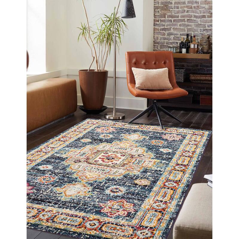 ECARPETGALLERY Machine Made Lotus Navy Area Rug