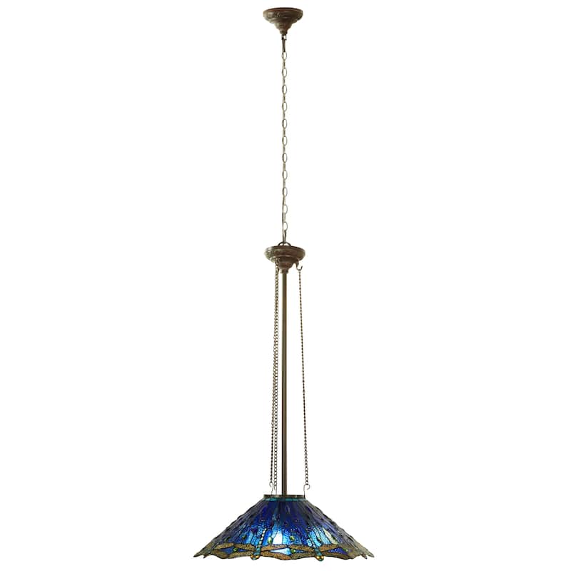 Dragonflies River of Goods Tiffany-Inspired Blue and Green Stained Glass and Metal 24-Inch Hanging Pendant Light - 24" x 24" x 51/75.5" - Blue/Green/Amber