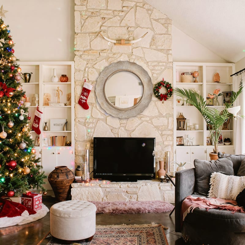 30" Bohemian Beige Round Wooden Decorative Bathroom Vanity Wall Mirror