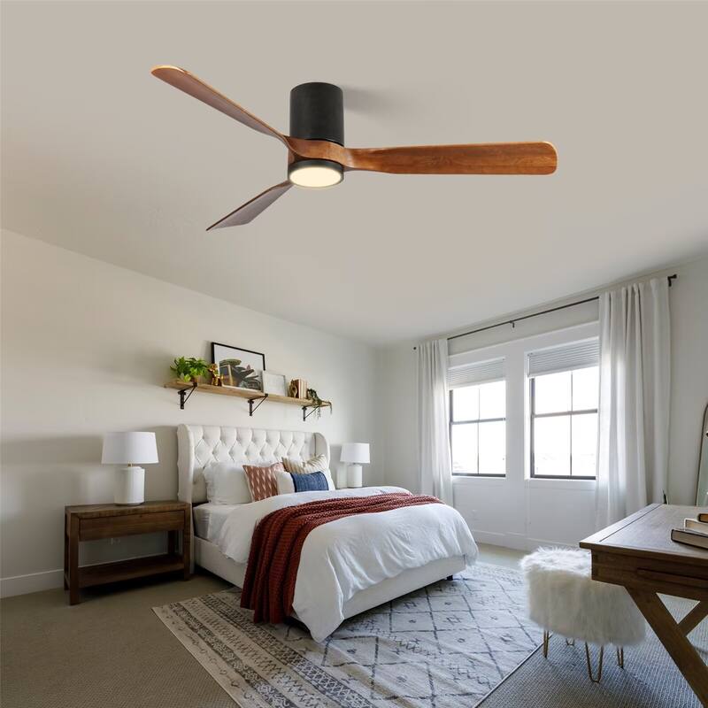 60" LED Flush Mount Ceiling Fan with Wood Blades, 6-Speed DC Remote Control