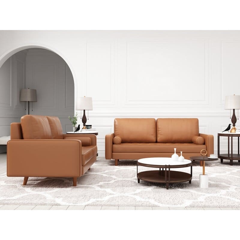 2 Piece Mid-Century Square Arm Leather Sofa Living Room Set - Sofa Width:70" &Loveseat Width:58"