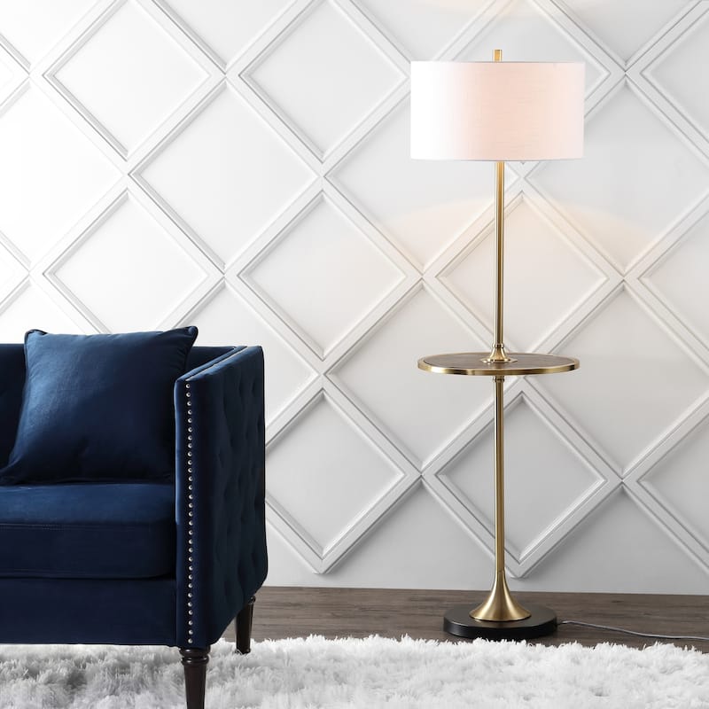 Laine 59" Metal/Wood LED Floor Lamp with Table, Black/Brass by JONATHAN Y - 59" H x 18" W x 18" D