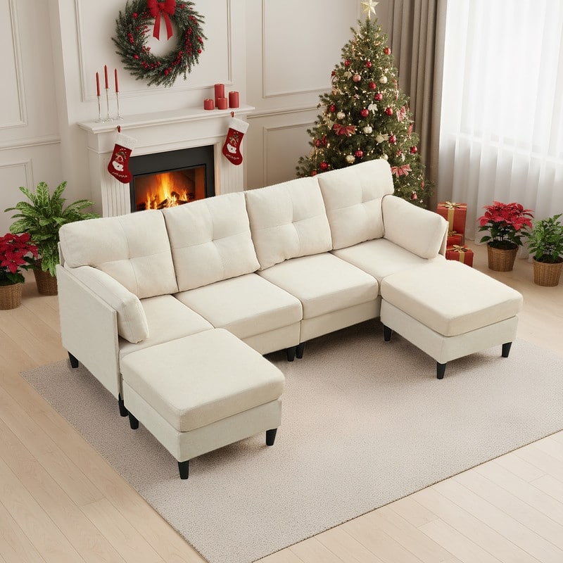 Mixoy W87"U-Shaped Sectional Couches,Velvet 4-Seater Convertible Sofa With Movable Storage Ottomans