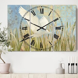 Designart 'Snowy Egret in Flight vII' Cottage 3 Panels Large Wall CLock - 36 in. wide x 28 in. high - 3 panels