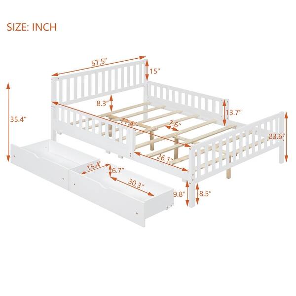 dimension image slide 1 of 2, Full Size Kids Platform Bed with 2-Storage Drawers, Wood Children Bed Frame with Guardrails on Both Sides for Bedroom, White