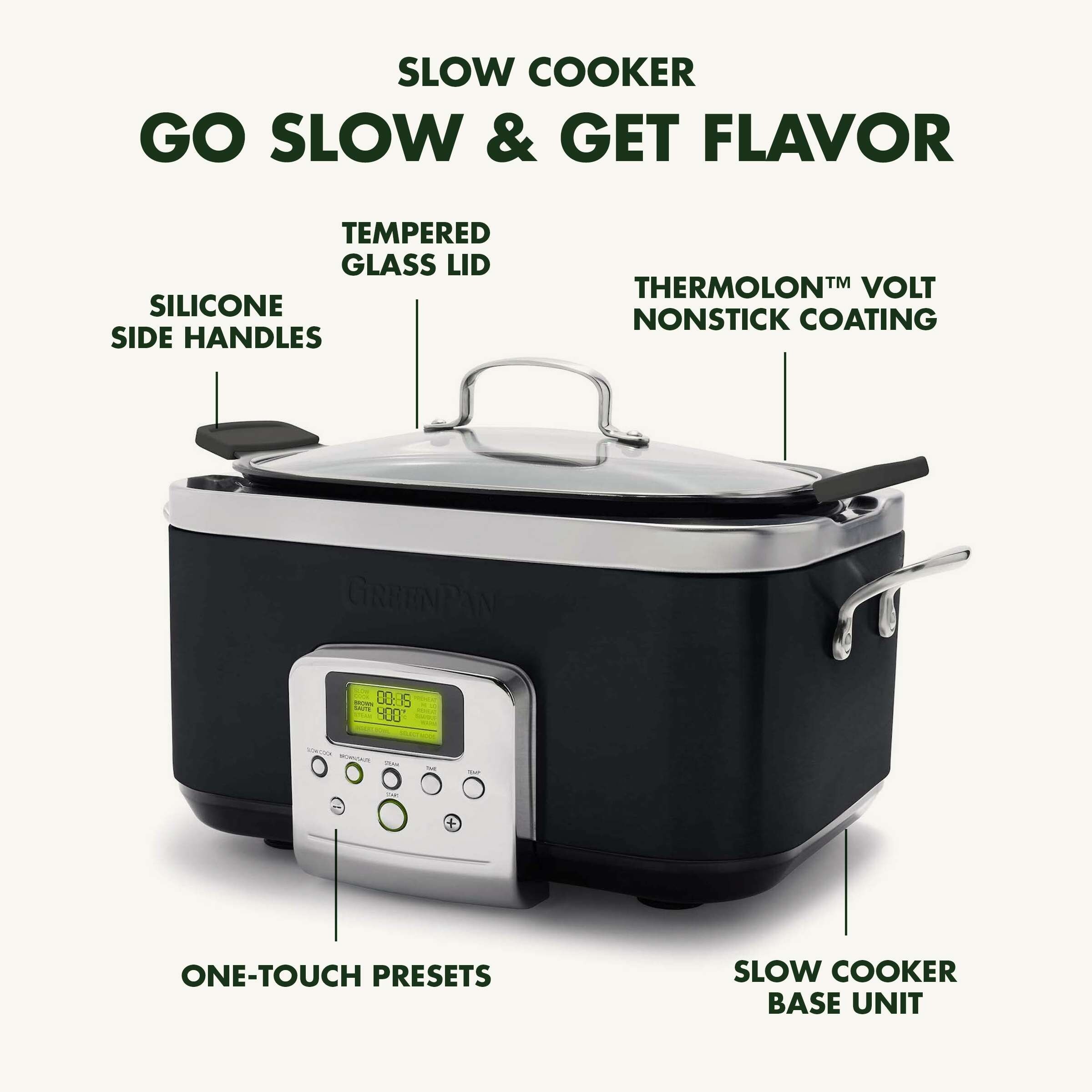 GreenPan Elite 6-qt Slow Cooker w/5pc UtensilSet & Cookbook ,Black