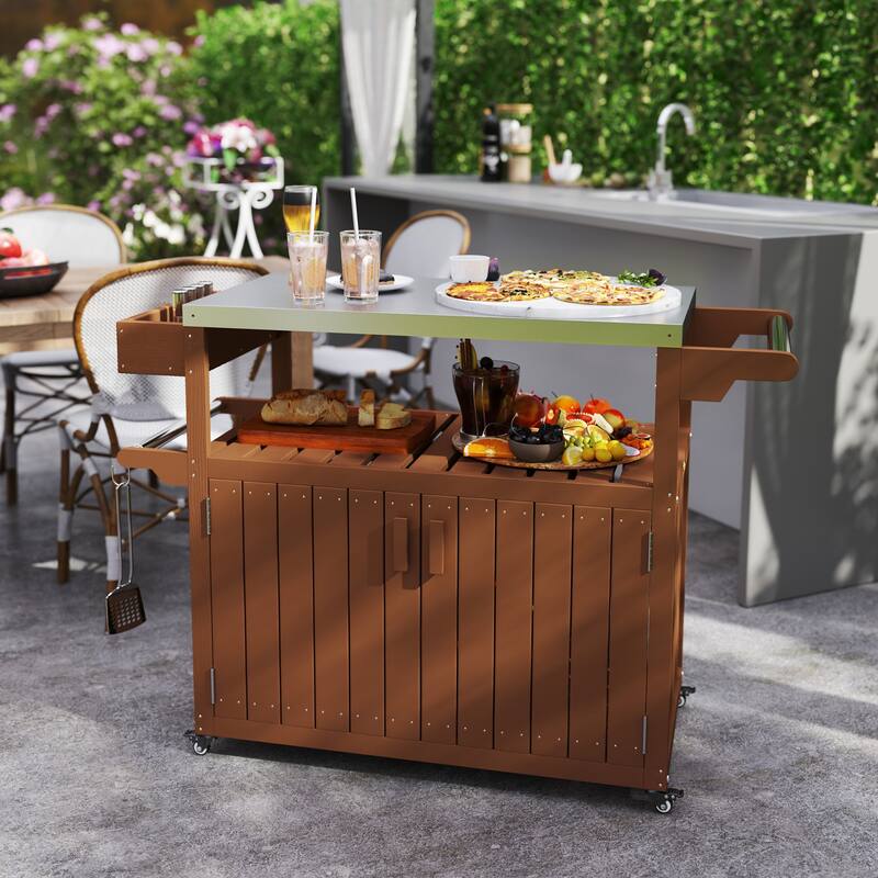 Stainless Steel and HDPE Outdoor Bar Cart with Cabinet, Hooks, and Swivel Casters Mobile Serving Table