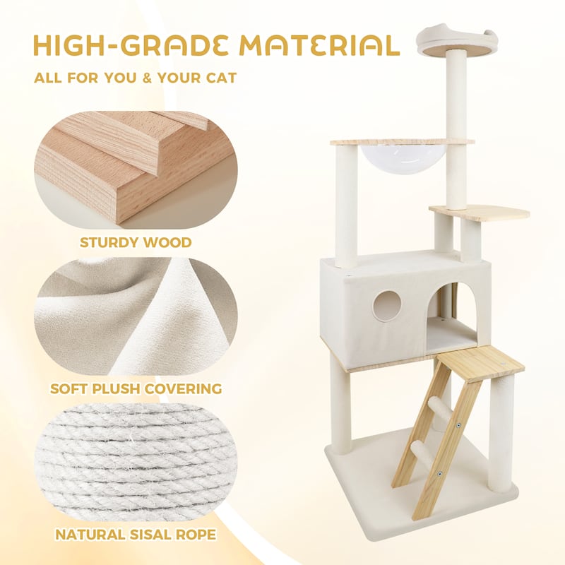 Wood Cat Tree With Large Condo Wood ladder And Transparent Spacecraft 165cm - White