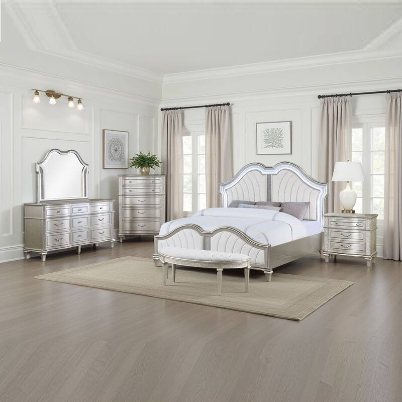 Nive 5pc Queen Bedroom Set, Silver, Ivory Channel Tufted Upholstery