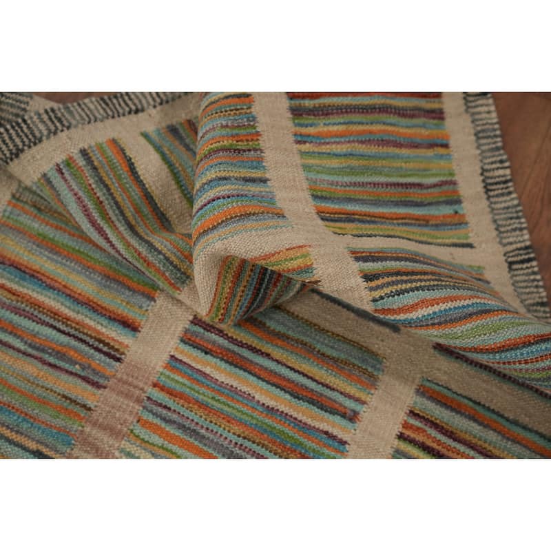 Hand Woven Oriental 100% Wool Carpet Southwestern Modern Multi-Colored Kilim Runner Rug - 9' 8'' X 2' 5''