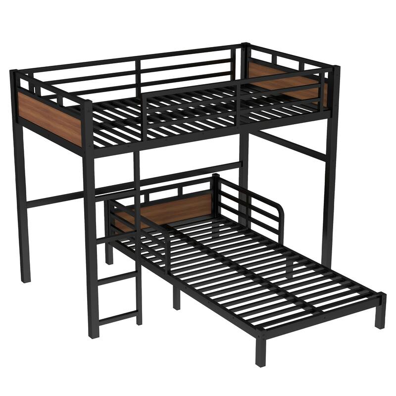 Twin XL Metal Bunk Bed with Security Fence, Convertible and Space-Saving Design, Walnut Finish