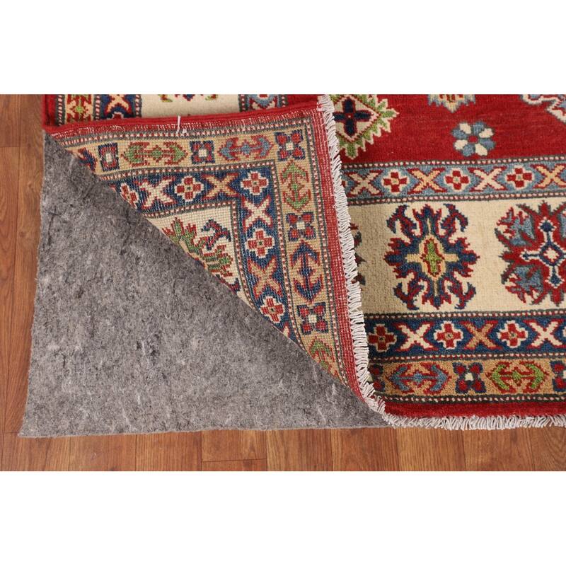 Geometric Kazak Area Rug Hand-Knotted Oriental Red Wool Carpet - 6'6" x 9'11"