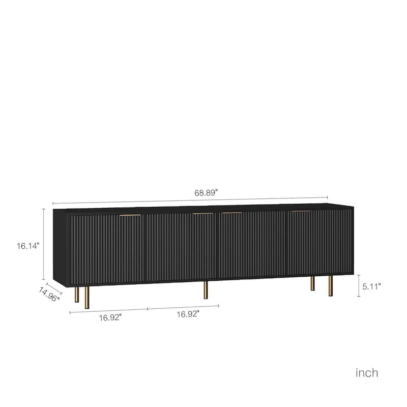 Fluted TV Stand with Storage Doors, Entertainment Center with Shelves, Console Table with Gold Legs and Metal Handles