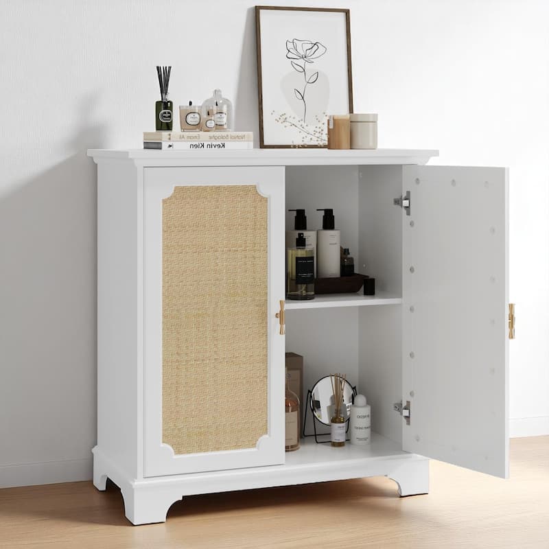 Sideboard Buffet Storage Cabinet with Rattan Doors, Console Table with Adjustable Shelves, White Wood Finish