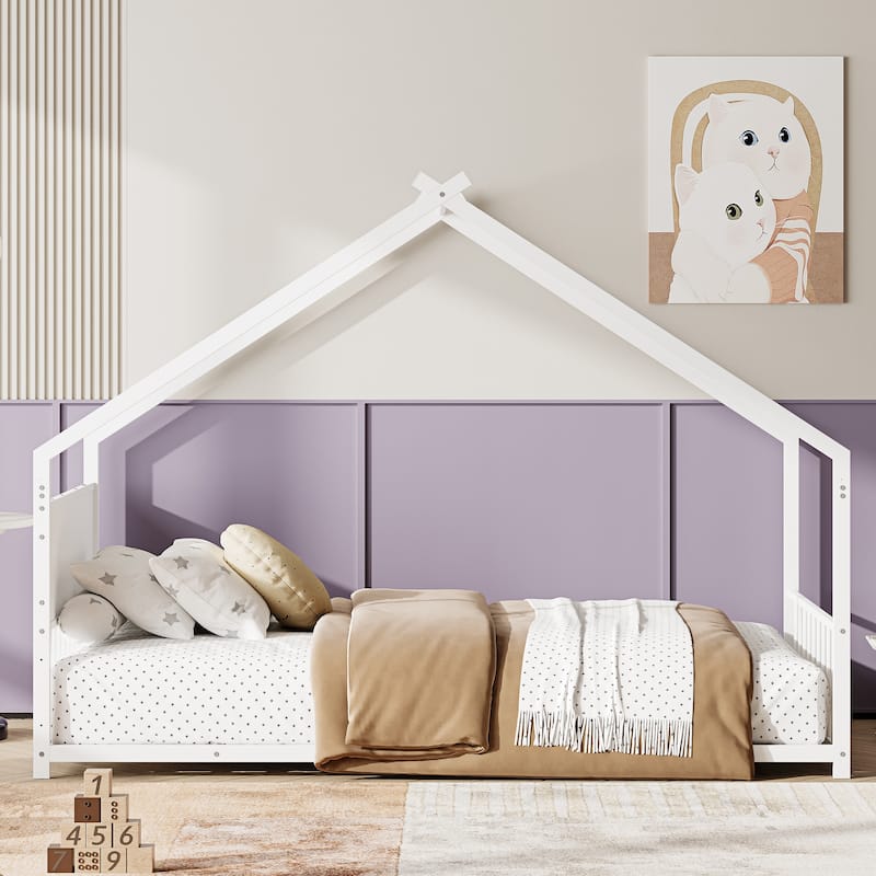 GDF Studio - Fairmont House Bed with Roof, Colorful LED Lights, and Slatted Frame