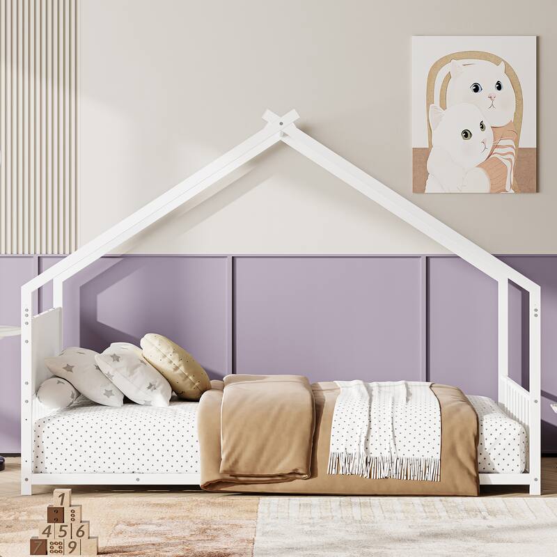 Twin/Full Size Iron House Bed with Roof and Colorful Lights, Heavy Duty Metal Floor House Bed Frame with Slats and Legs - White - Twin
