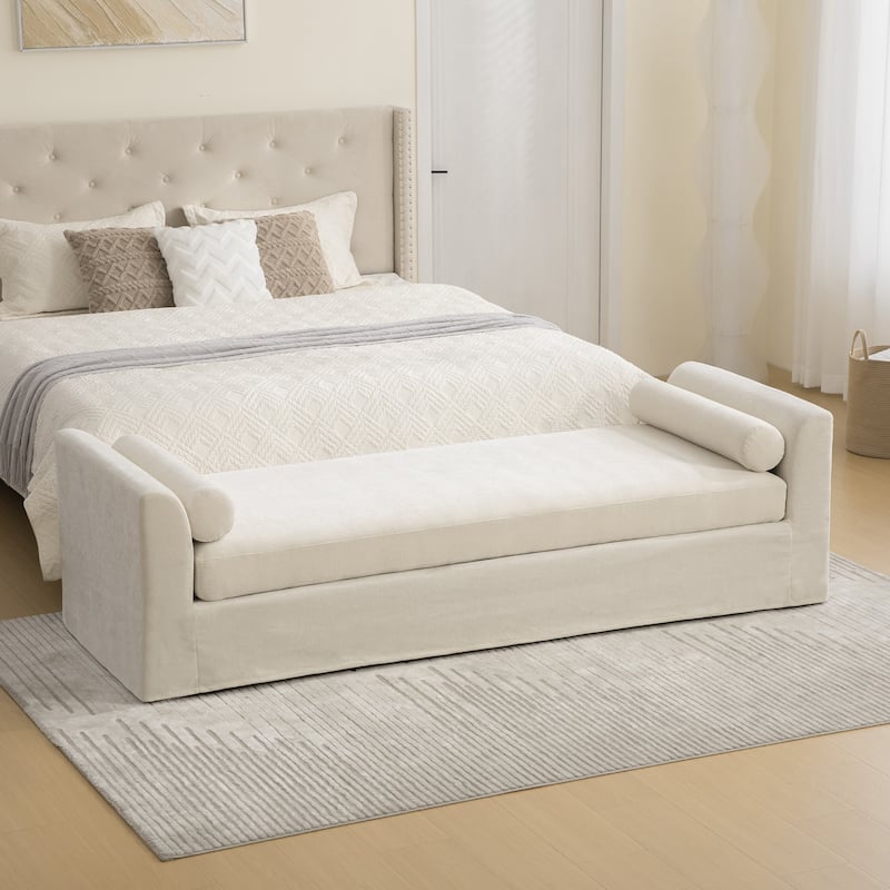 90.6''W Chenille End of Bed Bench With 2 Bolster Pillows,Chaise Lounge,Entryways Bench