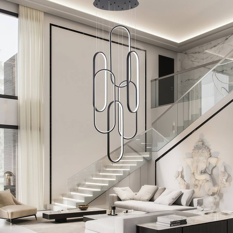 Modern Chandelier 6 Ring Adjustable Height Long Staircase LED Chandeliers Foyer Ceiling Light