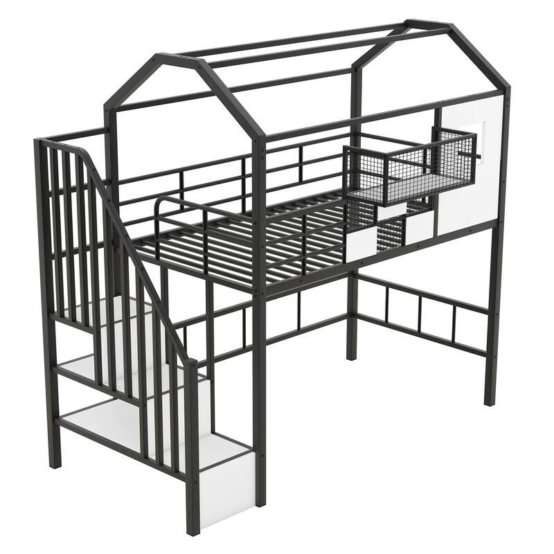 Metal Loft Bed with Roof Design & Storage Box - Unique Style + Functional Storage, Space-Saving Furniture