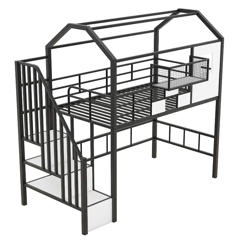 Metal Loft Bed with Roof Design and a Storrage Box