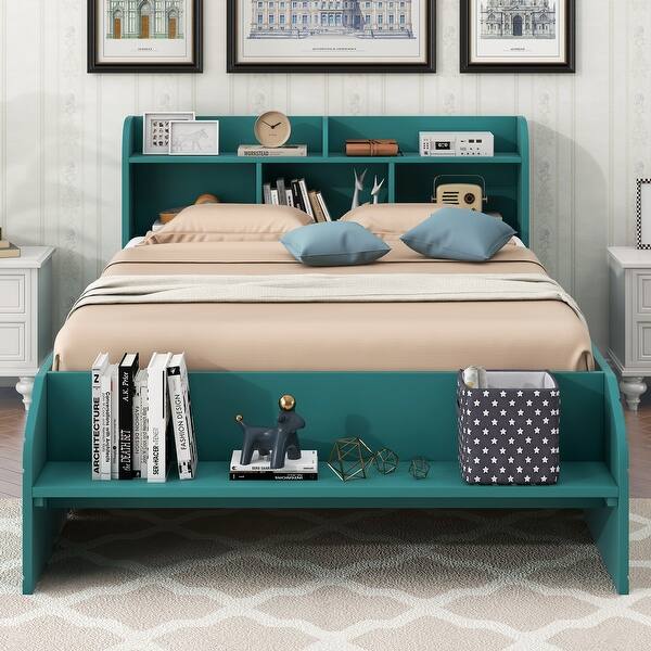 slide 2 of 14, 2 Drawer Platform Bed Hidden Storage Drawers Bed Frame Wood Slat Support with Shelf Headboard Footboard, Twin - Dark Green Dark Green - Twin