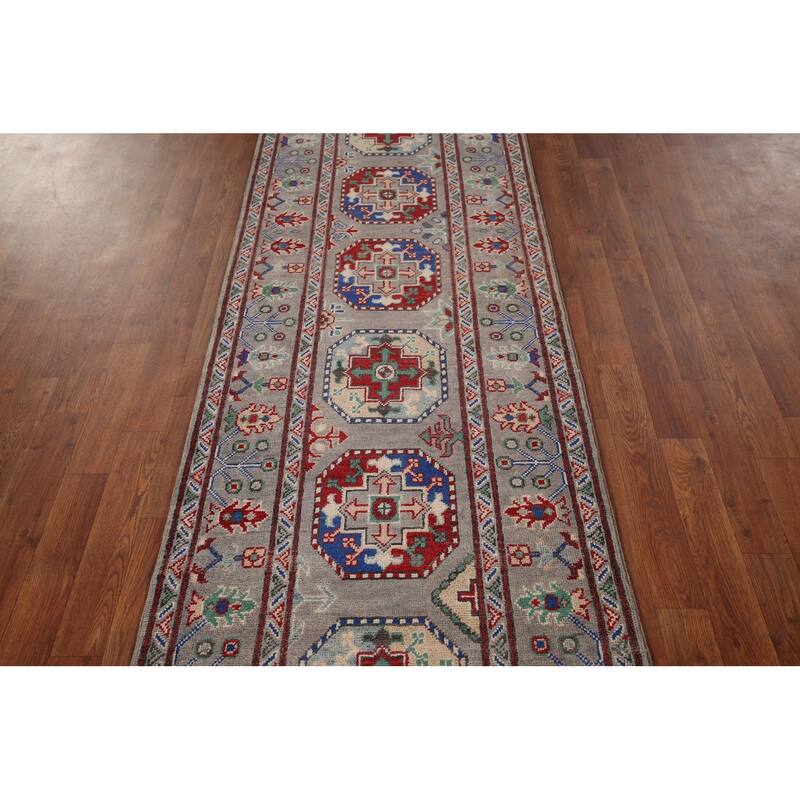 Geometric Kazak Runner Rug Handmade Hallway Wool Carpet - 2'7" x 12'10"