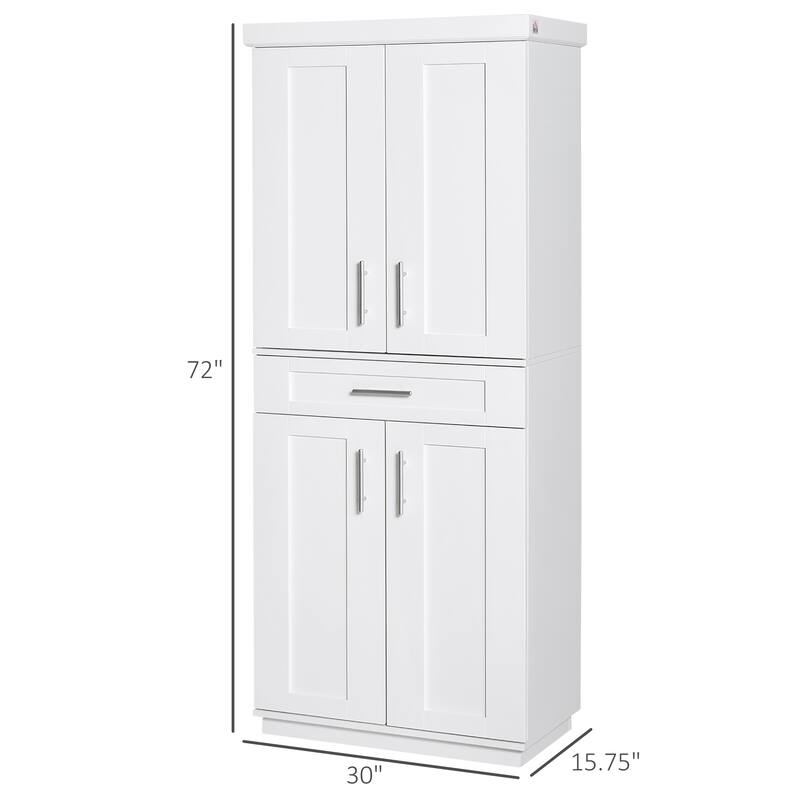 Space-Saving White Pantry Cabinet with Adjustable Shelves and Pull-Out Drawer for Home or Office - 30" W x 15.75" D x 72" H