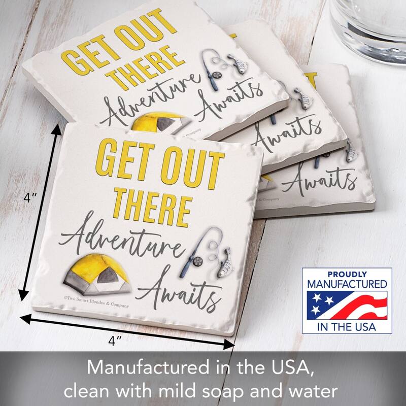 Get Out There 4-Pack Absorbent Stone Coasters with Protective Cork Backing 4" Square Made in The USA Easily Wipes Clean