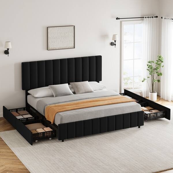 Queen Size Bed Frame with 4 Storage Drawers