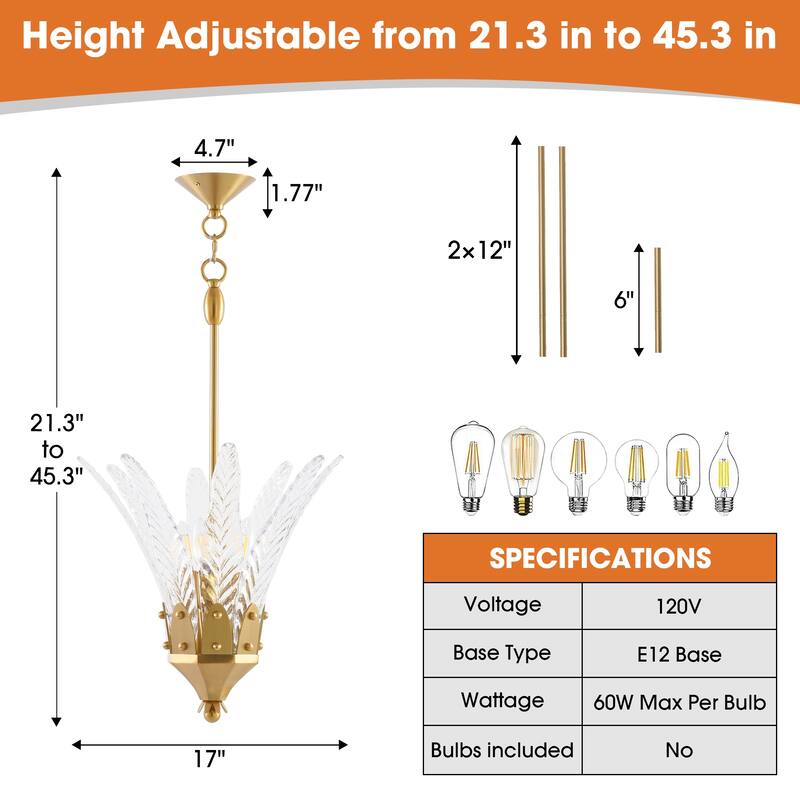 17" Modern Gold Flower 3-light Leaf-shaped Textured Glass Chandelier Hanging Light