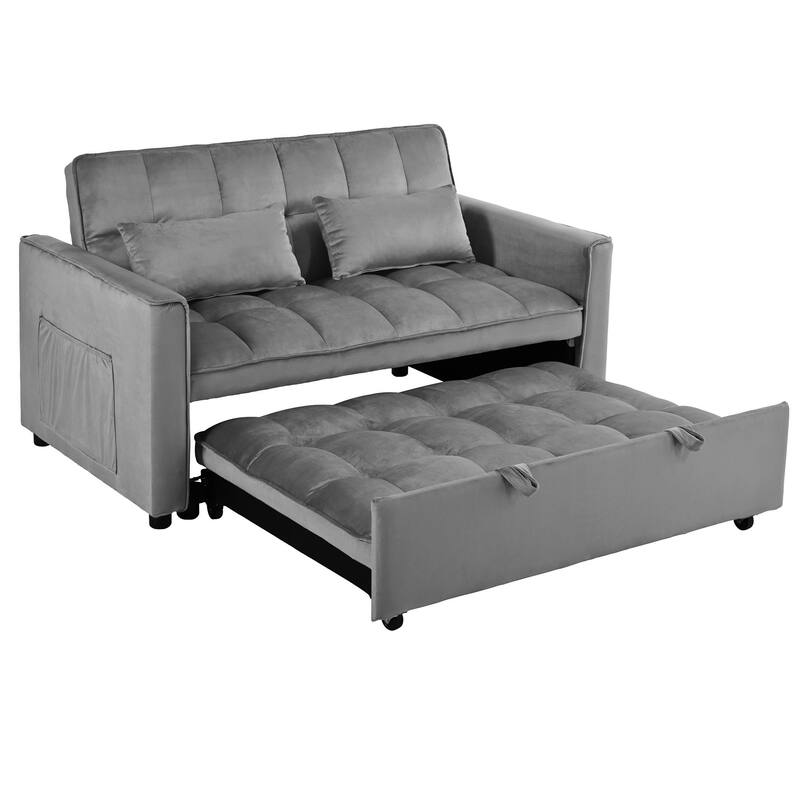 3 in 1 Convertible Sleeper Sofa Bed, Small Loveseat Lounge Sofa, Velvet Fabric Sofa with Side Pocket, Reclining Back & Pillows