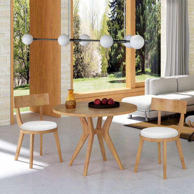 Mid-Century Modern 39.4" Round Dining Table Set with 2 Chairs, Intersecting Wooden Legs, Rubberwood & Plywood Construction - Beige+Natural