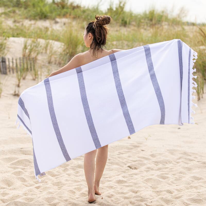 Superior Kai Stripe Fouta Beach Towel with Tassels - 35" x 68" - Black
