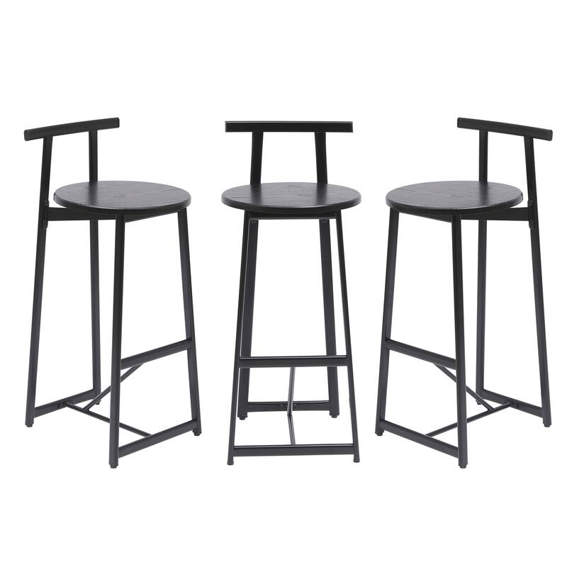 Set of 3 Kitchen Island Bar Chairs Metal Counter Barstools with Backrest for Dining Pub Room - Black