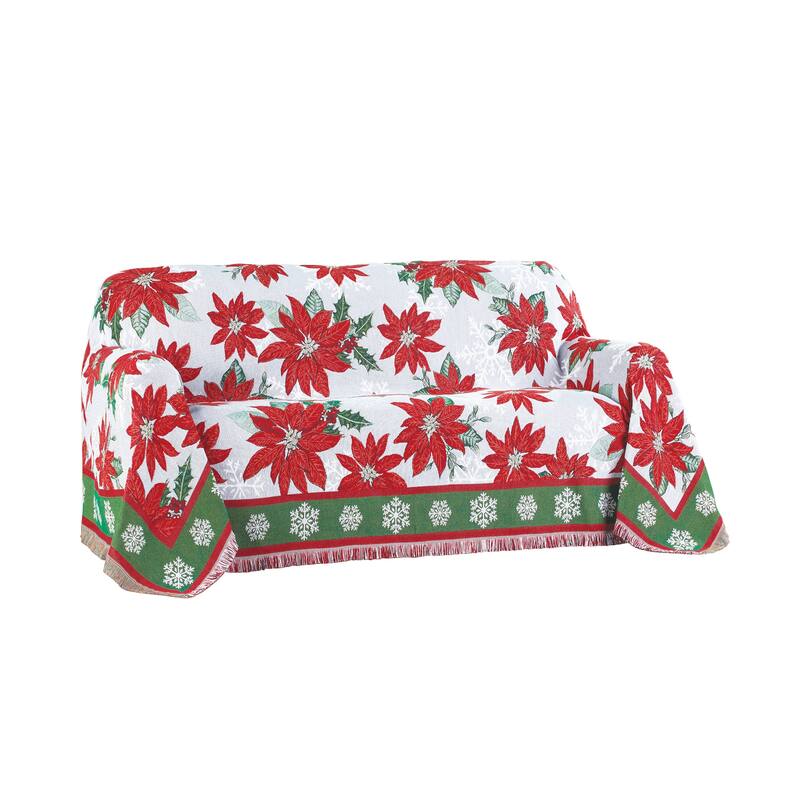Festive Poinsettia Fringe Border Tapestry Furniture Throw