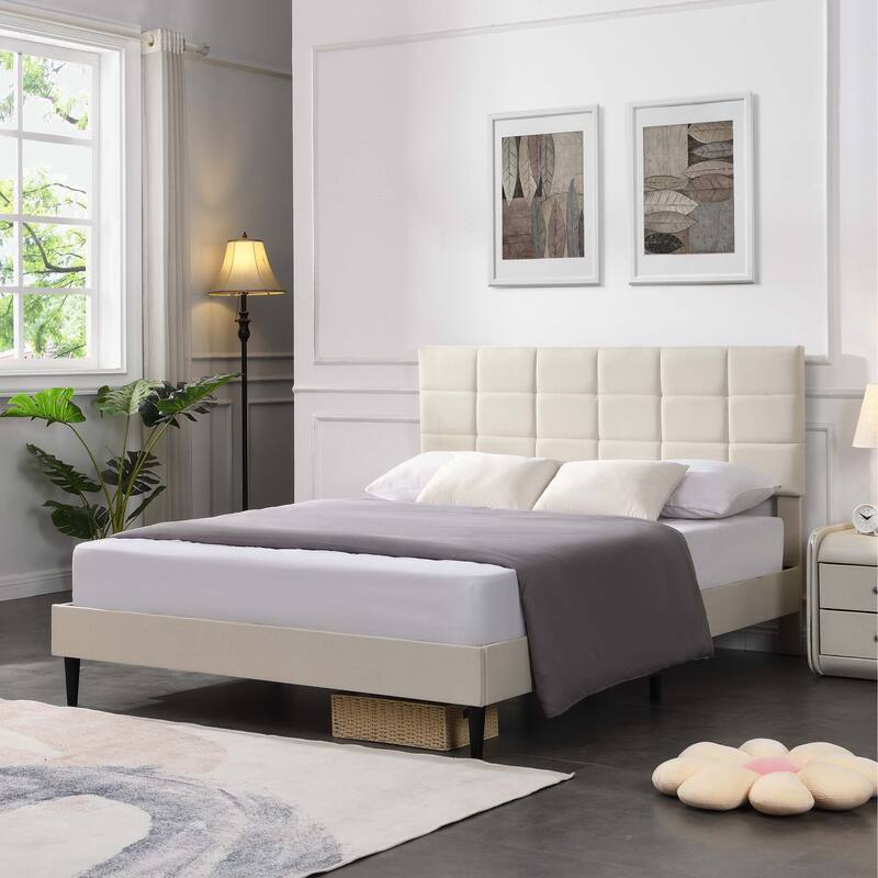 Platform Bed Frame with Fabric Upholstered Headboard and Wooden Slats