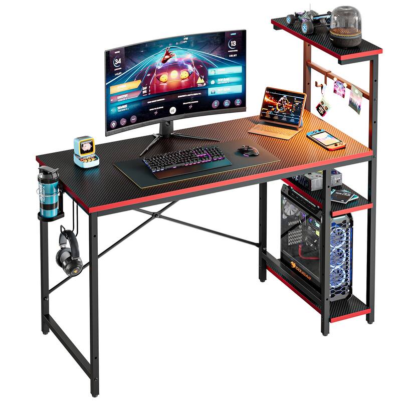 Bestier 44 in. Rectangular Gaming Desk with 4 Tier Storage Shelves Computer Desk with RGB LED Lights - Black