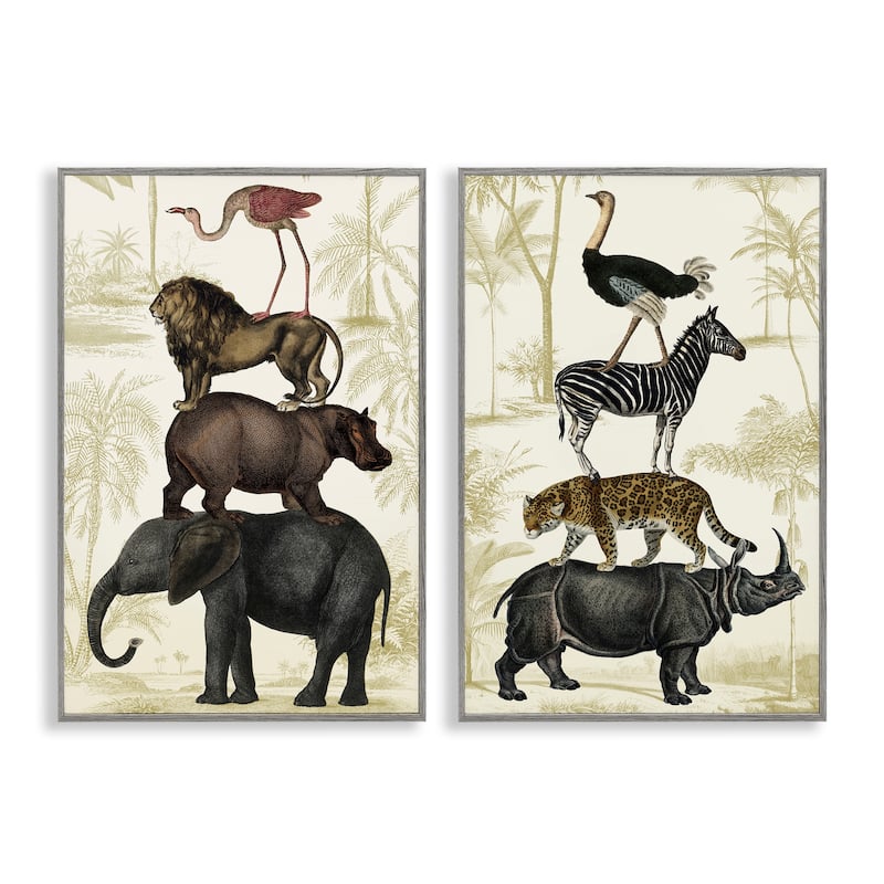 Stupell Stacked Safari Animals Framed Giclee Art Design By Victoria Barnes (Set of 2) - 20 x 30 - Grey