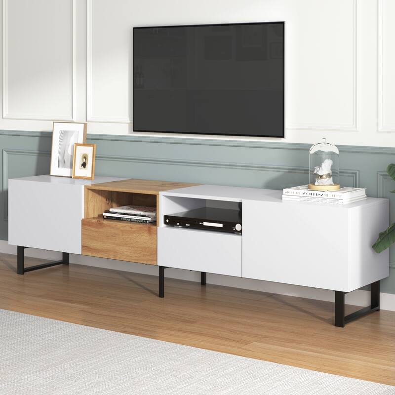 Sleek TV Stand with 2 Drawers & 2 Cabinets for 85" TVs, Entertainment Center with Drop-Down Door