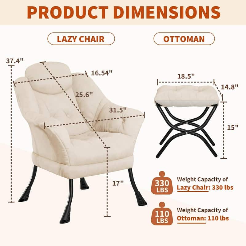 Modern Accent Comfy Lazy Sofa Chair with Ottoman for Bedroom or Living Room