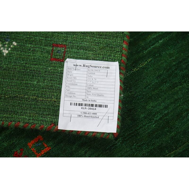 Green Gabbeh Indian Runner Rug Handmade Tribal Wool Carpet - 2'7" x 7'7"