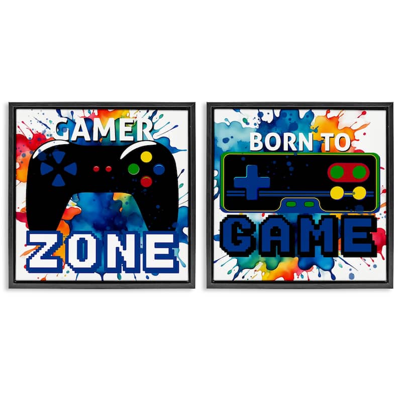 Stupell Gamer Zone on Splash Framed Floater Canvas Wall Art Design By Kim Allen (Set of 2) - 25 x 25 - Black