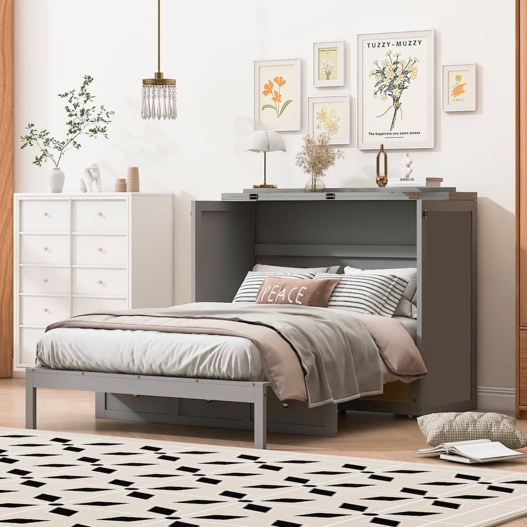 Grey Murphy Bed with Drawer, Rattan Patterned Full Size Bed