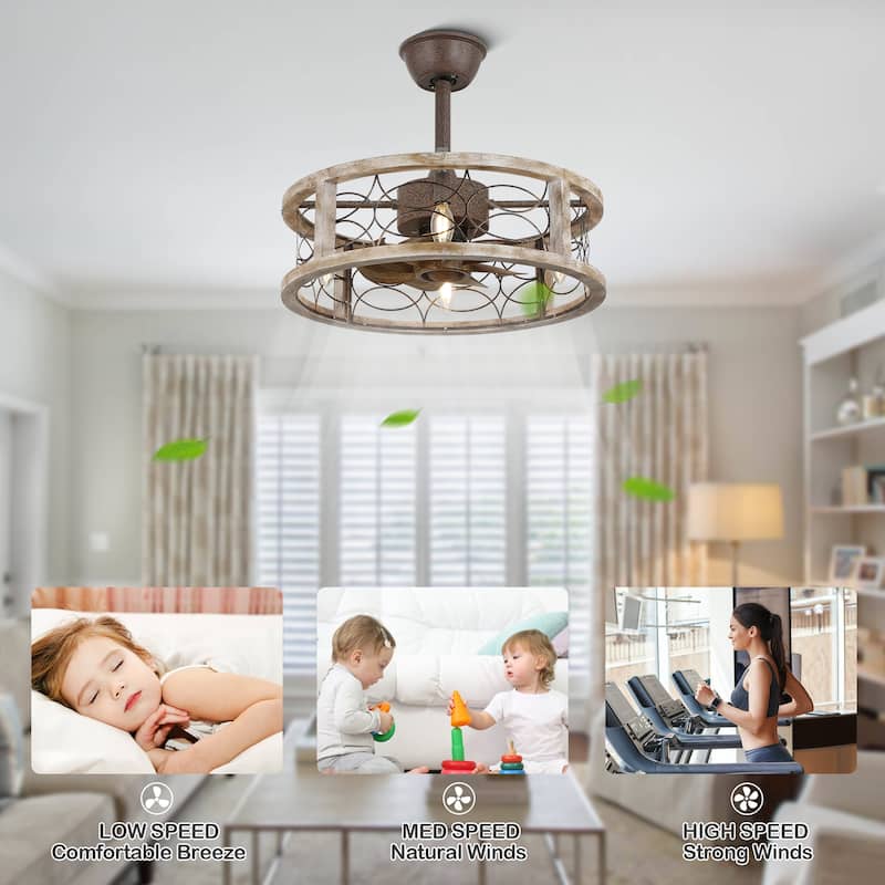 Bella Depot 18' Farmhouse Wood Cage Ceiling Fan, 3-speed Reversible Ceiling Fan with Light kit and Remote Control - 18 Inches