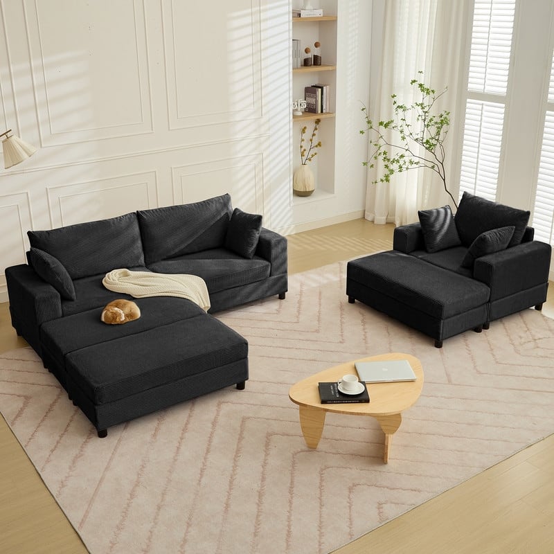 Mixoy Extra-Large Corduroy Upholstered Modular Sectional Sofa Set,Deep Seat Sleeper Chair with Ottoman - 2+1